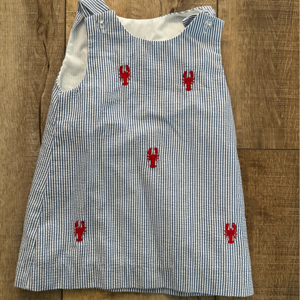GIRLS SHIFT DRESS BLUE SEERSUCKER WITH LOBSTER